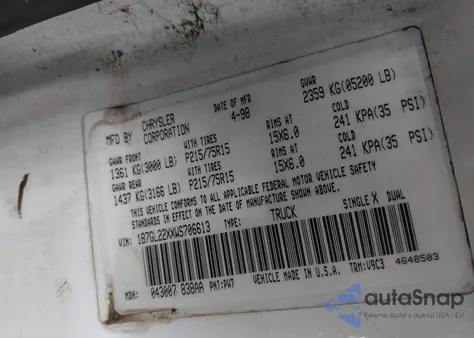 1998 Dodge Dakota Slt/Sport из США, поврежденный, VIN 1B7GL22XXWS706613